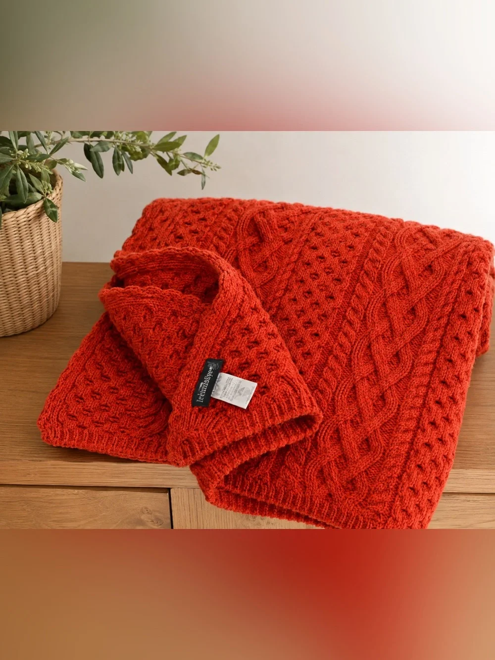 Irelandseye Ireland 100% Wool Aran Cable Knit Throw Blanket Red Orange